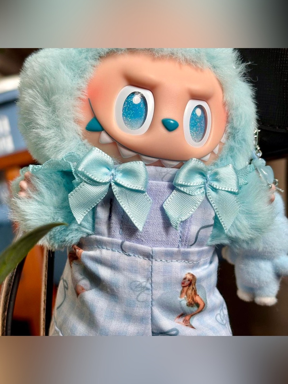 Sabrina Carpenter Labubu Overalls Short n Sweet Bow blue gingham accessory